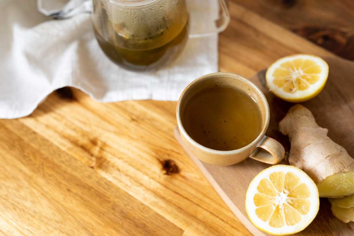 Cup of tea with ginger and lemon